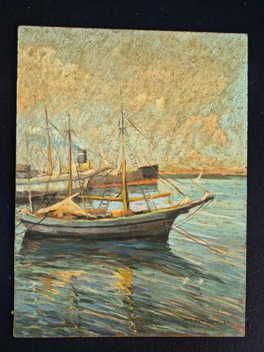Dipinto olio tavola barche - su,
