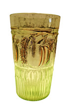 Verde Vintage Pressato Vetro Tumbler Prugna Frutta Motivo Foglia India 1950s