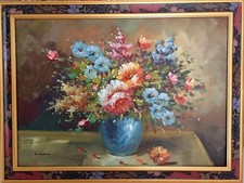 quadro dipinto a olio su tela classico con cornice stile antico Vaso Di Fiori