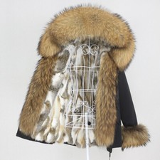 Cappotto donna nuovo cappuccio pelliccia coniglio fodera ispessito caldo vera pelliccia parka cappotto