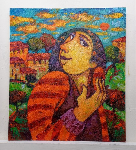 Figura paesaggio olio tavola - figura,