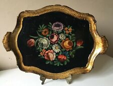 Vassoio dipinto a mano in legno fiorentino vintage con appoggio in ottone