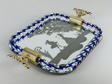 Vassoio A Specchio In Vetro di Murano Cornice Blu Torchon Design Venezia 1960