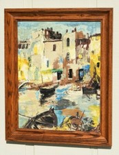 SPANISH HARBOR SAILBOATS PAINTING 1985 EXHIBITION TAG ABSTRACT EXPRESSIONISM