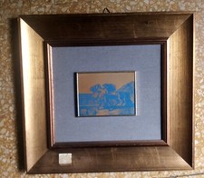 Giorgio De Chirico Serigrafia cavalli sulla spiaggia colore blu su lastra
