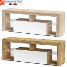 Mobile Porta TV Moderno Legno Con Ripiani a Vetri 140x35x50 Rovere Bianco HUGO