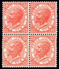 VITTORIO EMANUELE II DE LA RUE L.2,00 SASS L.22 IN QUARTINA MNH** NUOVA CON GOMM