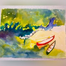 Quadro acquerello originale nuovo senza etichetta pronto da incorniciare canoe natura