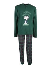 Snoopy Pigiama lungo da uomo in cotone interlock con stampe - verde scuro