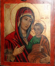 Icona ortodossa vintage in legno tempera dipinto a mano La Vergine Maria e Cr...