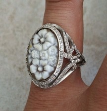 ANELLO CAMMEO FIORI  ARGENTO 925 PLACCATO ORO BIANCO 18 KT MOISSANITE BRILLANTE 