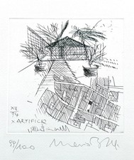 Stampa all'acquaforte di Mario Botta. Architettura, schizzo per progetto