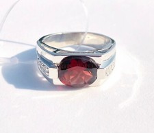 Naturale Granato Gemma Con 14K Placcato Oro Bianco Anello Argento per Uomo AJ786