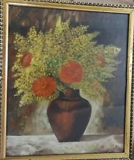 Quadro Vintage Anni '70 Vaso Con Mimose E Margherite Arancioni 