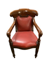 Antica poltrona inglese in mogano massello seduta in pelle rossa 1870 circa -...