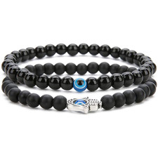 Coppia Bracciale MANO DI FATIMA + OCCHIO turco allah perle NERO 6mm braccialetto