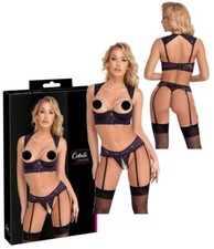 Completo intimo aperto reggiseno tanga perizoma in pizzo con perle e reggicalze