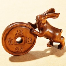 M8668 - Statuina Netsuke in legno di bosso intagliato a mano da 2" - Coniglio ricco