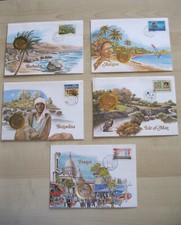 5 BUSTE PRIMO GIORNO CON FRANCOBOLLO, ANNULLO E MONETA - PHILSWISS 