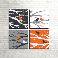 Set di 4 Quadri Moderni con Uccellini |Q580| Decorazione su Tela, Stile Pop