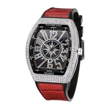 Orologio Quarzo Frank Fashion Style Rapper Muller Diamanti Rosso Argento