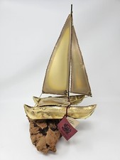 Vintage 15" Brass Hand Made Signed Sailboat Catamaran on Burl Wood