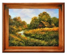 Paesaggio - Uno Capanna Nella Foresta - Dipinto a Olio Mano - con Telaio 37x47cm