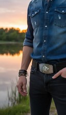 Uomo Donna Western Moda Cintura Fibbia Metallo Argento Rodeo Cavallo Big Country