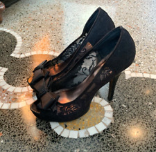 Scarpe da sera décolleté aperte in punta in pizzo con fiocco, tacco 12, n. 37