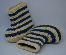 Scarponcini calzini neonato, uncinetto, strisce blu beige, cotone. Nuovo