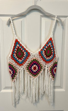 Canotta all'uncinetto donna nonna frange quadrate morbida hippie boho spiaggia taglia L