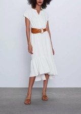 Zara Vestito Bianco Midi con Cintura Abito Volant tg.M