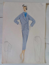 Figurino di moda anni 50-60 disengato e colorato a mano