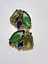 ORECCHINI CLIP ON VINTAGE NON FIRMATI ELSA SCHIAPARELLI GRANDI A FORMA DI VENTAGLIO VERDE BLU