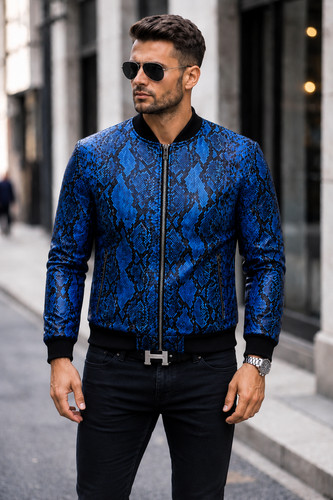 Bomber uomo blu stampa pelle - uomo,