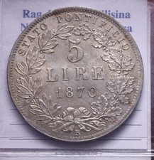 NL* STATO PONTIFICIO PAPA PIO IX 5 Lire Argento 1870 RARA FDC Perizia Filisina M