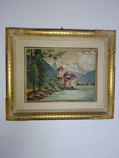Quadro Paesaggio Con Lago E Castello - antico dipinto olio su legno. Firmato 