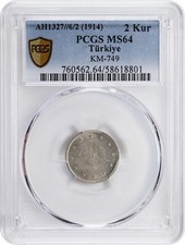 TURCHIA - OTTOMANO, 2 KURUSH SULTAN MOHAMED V 1327/6/2 (15A) PCGS MS 64, RARO