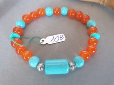 ???BRACCIALE DONNA UOMO PIETRE NATURALI DURE TURCHESE E ARANCIONE. 108 ??
