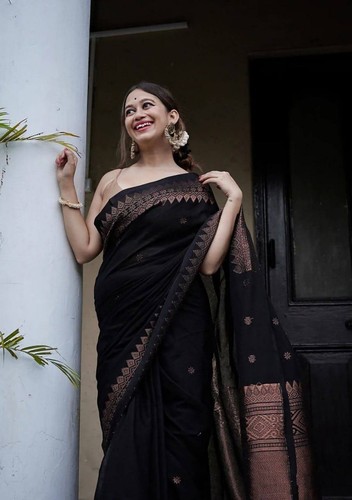 Donna litchi seta nero saree - nero,