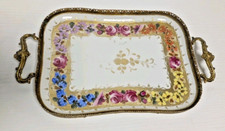 Vecchio Vassoio Limoges In Porcellana Dipinta e Ottone Dorato Anni 50 cm 34 x 20