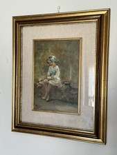 Ernesto Giacobbi Pittore Piacentino - Bambina Seduta Sul Muretto - Olio Su Tela