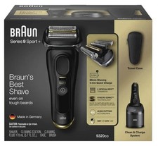 Braun Series 9 Sport + 9320CC rasoio Wet Dry con sistema di pulizia e ricarica e custodia NUOVO