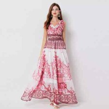 Vestito Abito Elegante Lungo Fresco Raso Boho Rosso Stampa GIPSY 11075