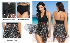 Costume Bikini Tankini a pois nero e bianco reggiseno slip pareo incorporato L