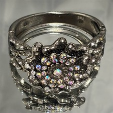 Vintage Aurora Borealis Bracelet Rhinestone Flower Womens Silver Tone Hinge