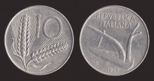 Lire 1977 spighe aratro - 1977, e