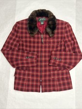 Giacca vintage Lauren Ralph Lauren rossa a quadri lana peggiorata collo pelliccia sintetica donna 12