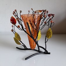 Vasetto di Vetro Arancione e Metallo Rustico Natura Foglie Decorazione Casa