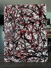 Pittura a goccia stile Jackso Pollock acrilico 18x24! Tela incorniciata rosso bianco nero
